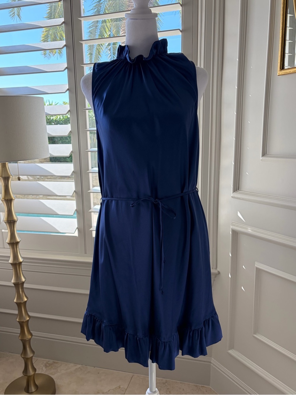 100% Silk Ruffled High-Neck Navy Mini Dress with Tie Waist